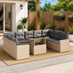 Outdoor Garden Sofa Set 10 Piece Beige Poly Rattan Patio Furniture with Cushions