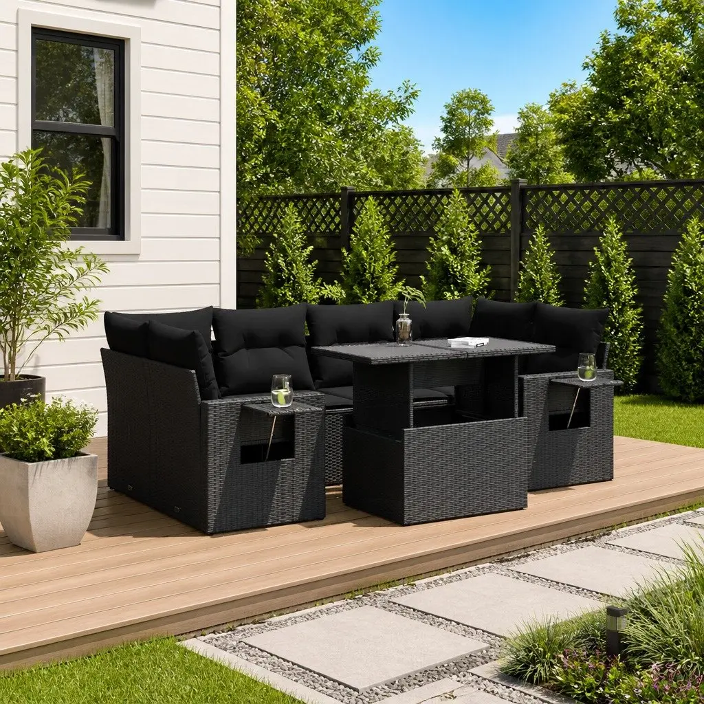 Outdoor Patio Furniture Set 7 Piece Black Poly Rattan with Storage and Adjustable Table for Garden and Terrace Use