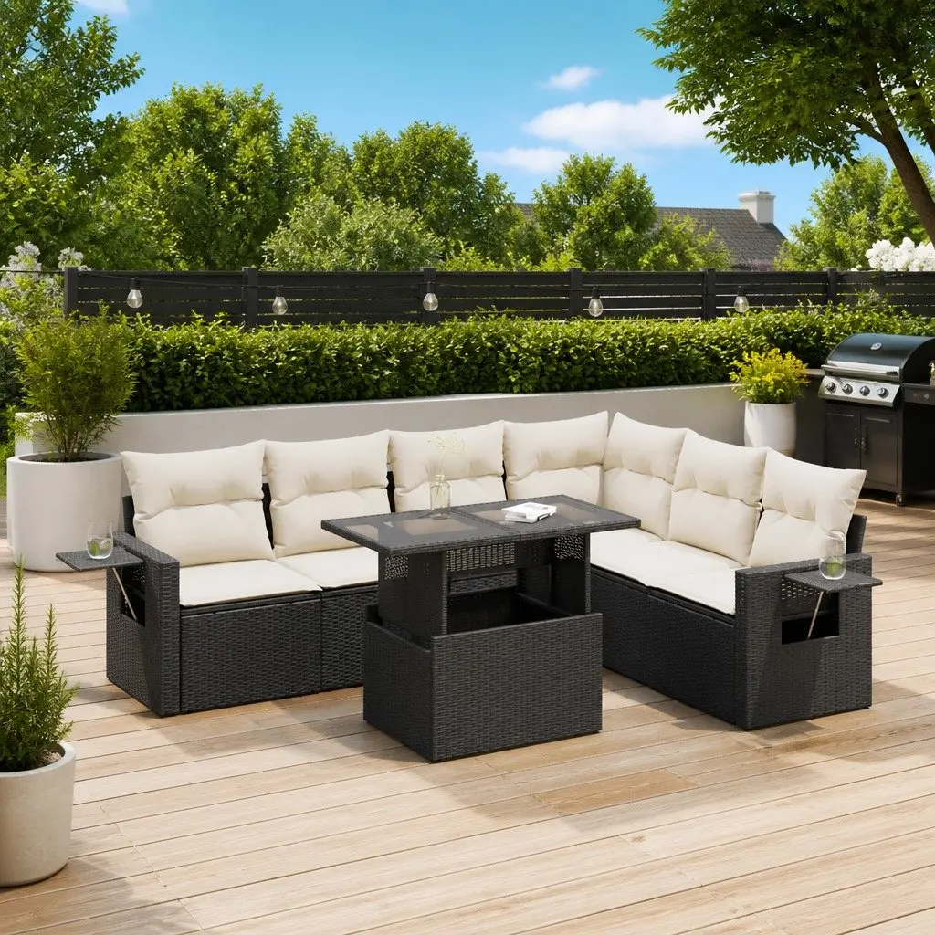 7 Piece Garden Sofa Set Outdoor Lounge Furniture Adjustable Table Storage Cushions Black