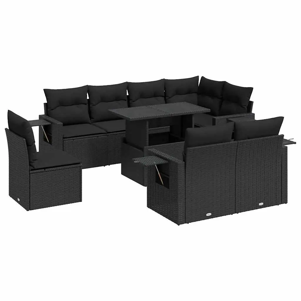 Outdoor 9 Piece Black Poly Rattan Sofa Set with Cushions for Patio Garden Furniture