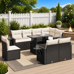 Garden Sofa Set 9 Piece Outdoor Furniture with Cushions Black Poly Rattan Patio