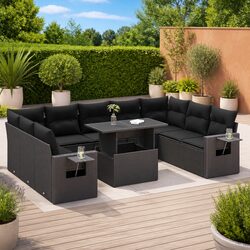 Garden Sofa Set 10 Piece Outdoor Furniture Patio Lounge Black Poly Rattan