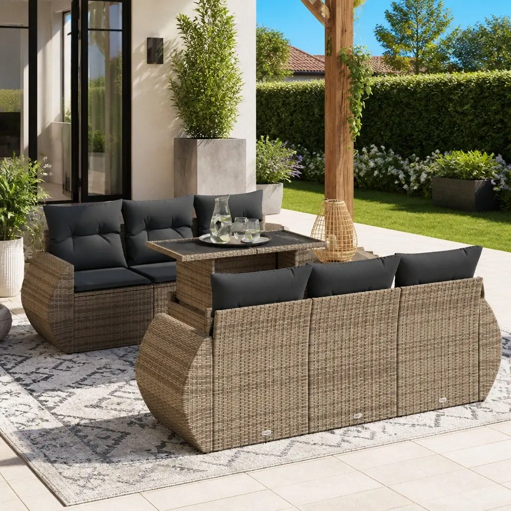 Outdoor Rattan Sofa Set Grey 7 Piece with Cushions for Patio and Garden Use