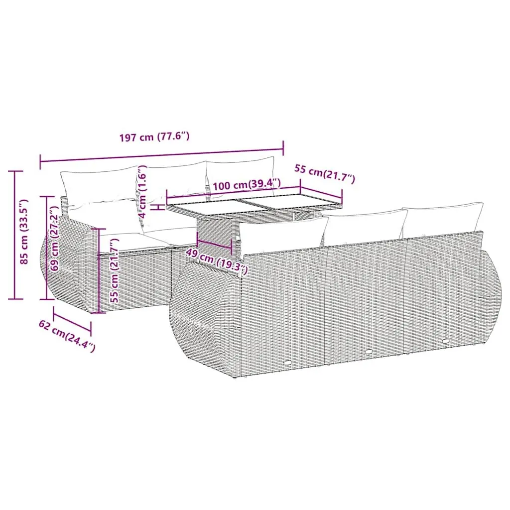 Outdoor Rattan Sofa Set Grey 7 Piece with Cushions for Patio and Garden Use