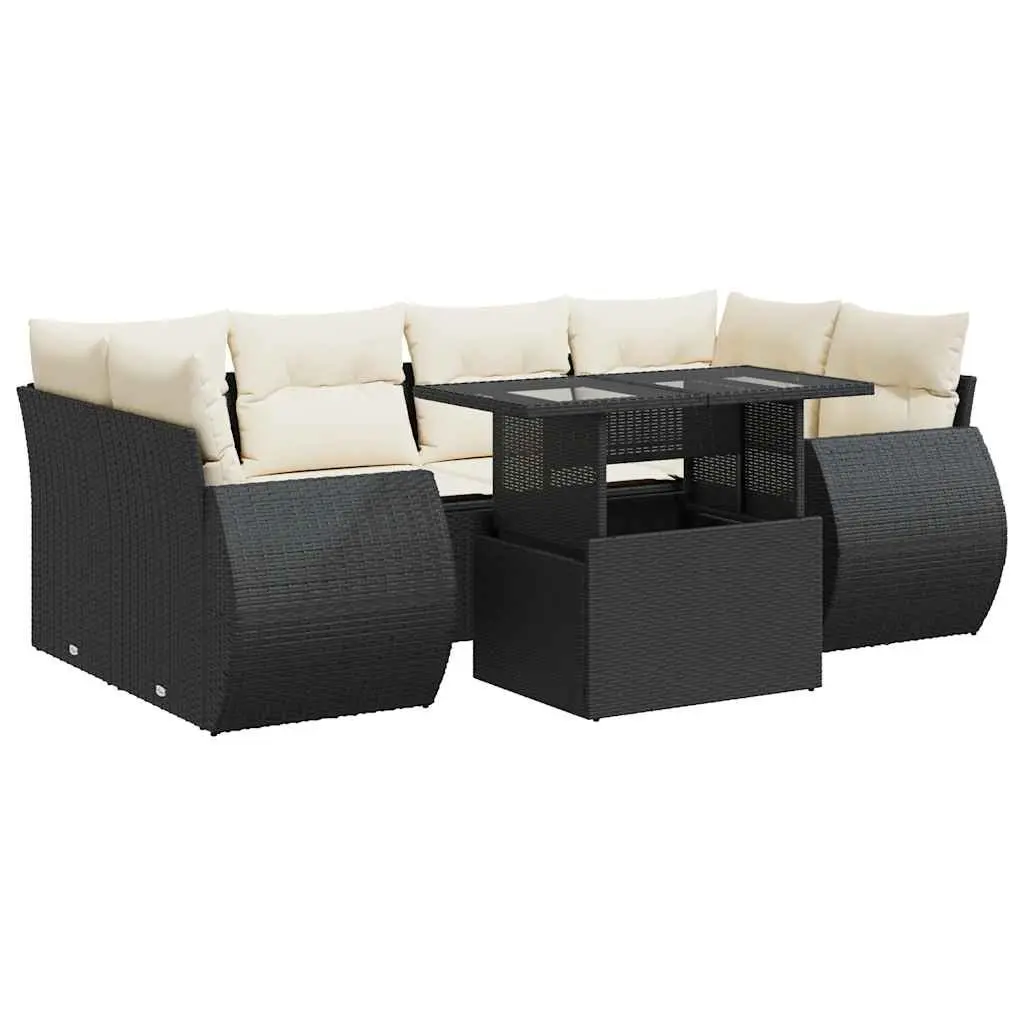 Outdoor Sofa Set 7 Piece Adjustable Black PE Rattan Furniture with Storage and Washable Cushions