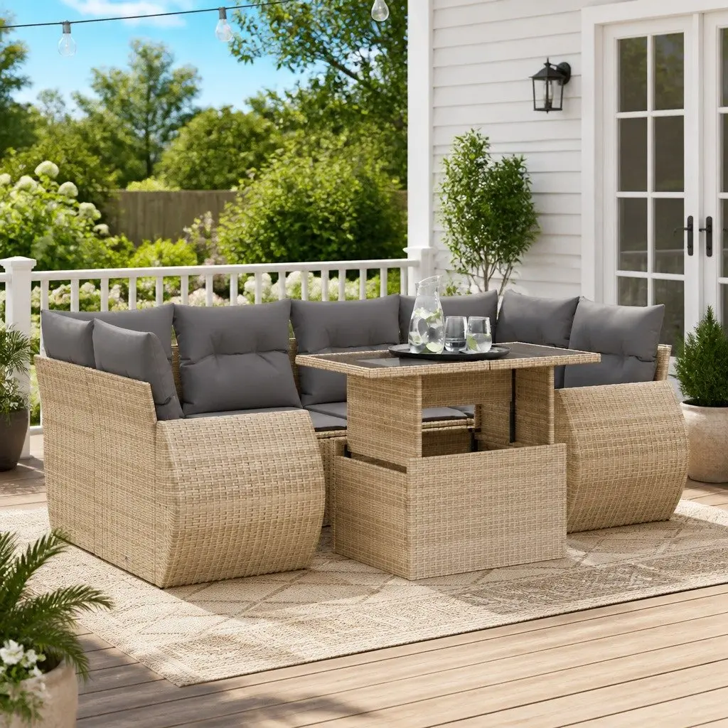 7 Piece Beige Patio Furniture Set Adjustable Table Poly Rattan Outdoor Garden Sofa with Storage Compartments