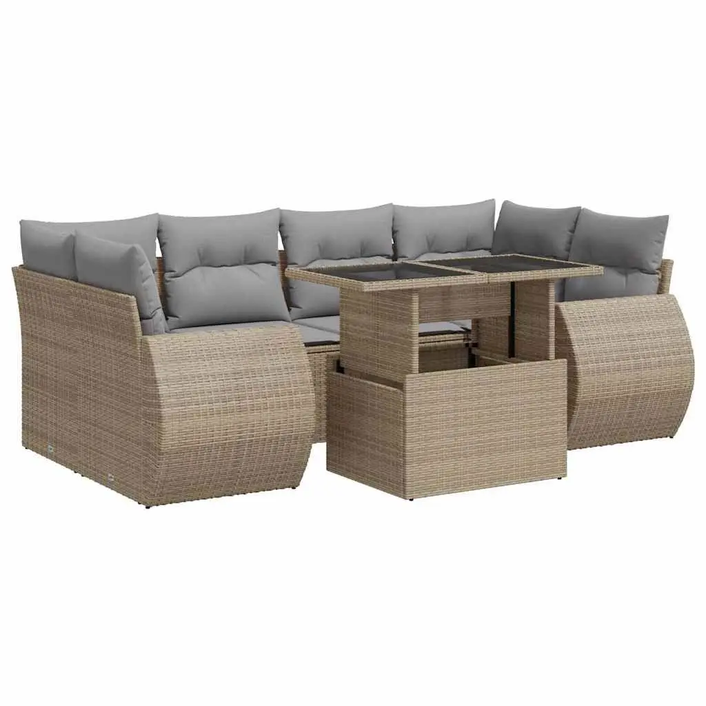7 Piece Beige Patio Furniture Set Adjustable Table Poly Rattan Outdoor Garden Sofa with Storage Compartments