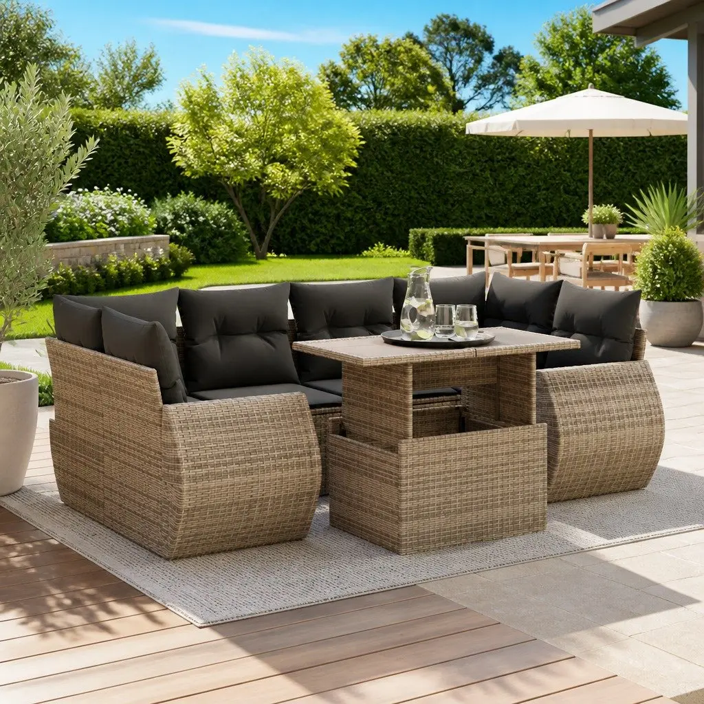 7 Piece Outdoor Patio Sofa Set Grey Durable PE Rattan Chairs Table with Adjustable Height