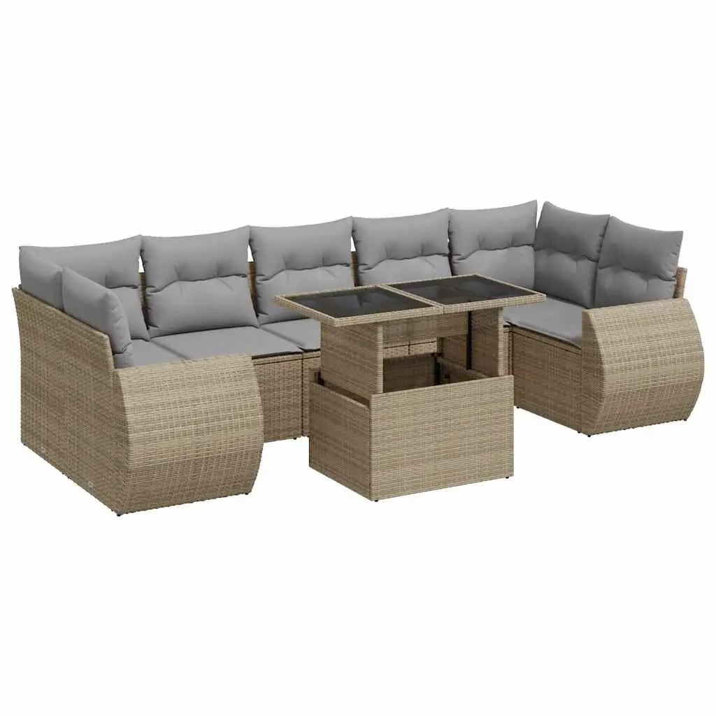 Outdoor Furniture Set 8 Piece Beige Poly Rattan Garden Sofa with Adjustable Table and Storage Bags