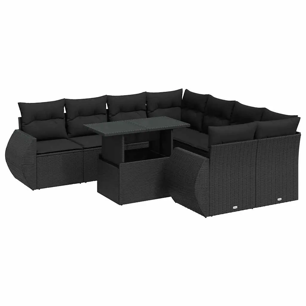 Garden Sofa Set Black Poly Rattan 9 Piece Outdoor Furniture with Adjustable Tabletop and Storage
