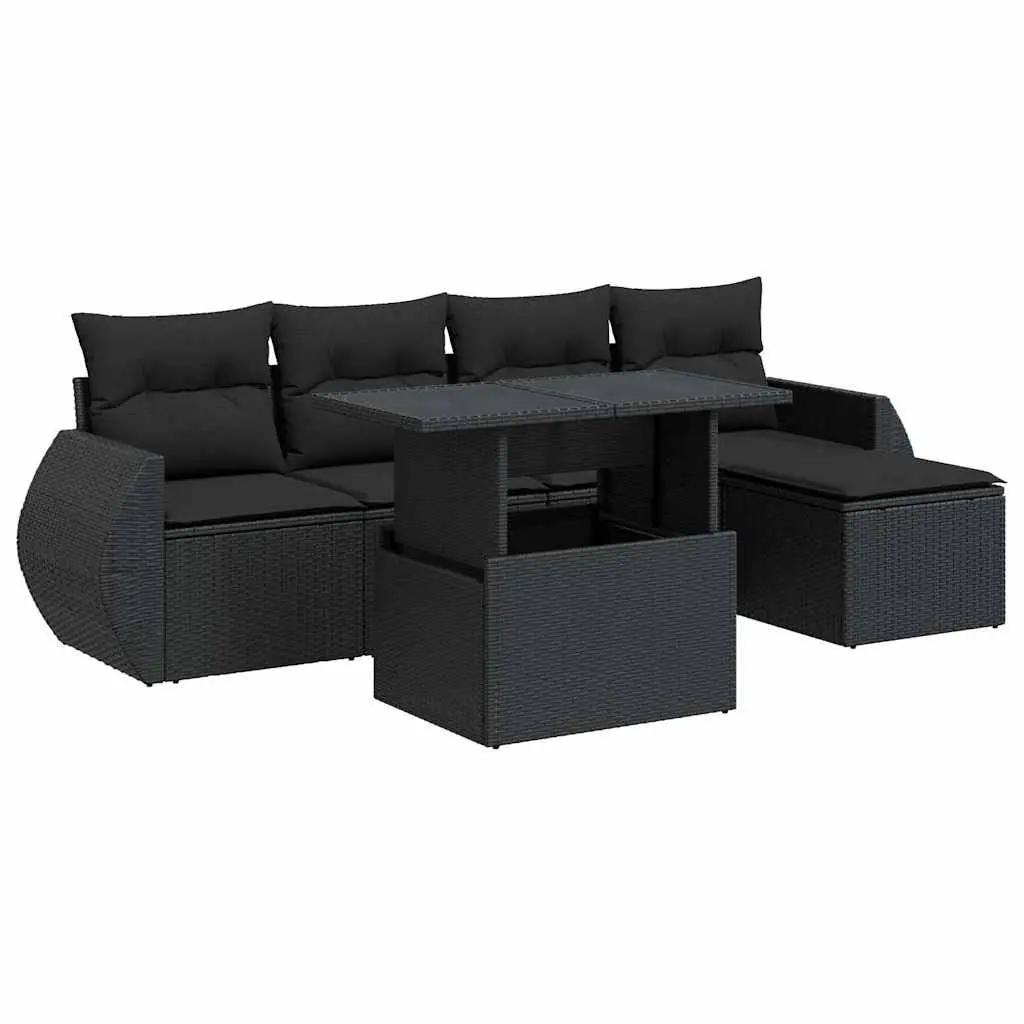 Outdoor Furniture Set 6 Piece Black Poly Rattan Sofa with Cushions and Adjustable Table for Patio Garden
