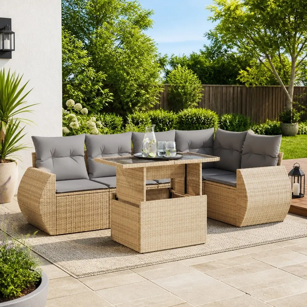 Outdoor Furniture Sofa Set 6 Pieces Beige Weather-Resistant PE Rattan with Adjustable Table and Storage Function