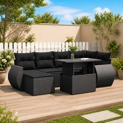 Garden Sofa Set 7 Piece Outdoor Furniture Black Poly Rattan Patio Lounge with