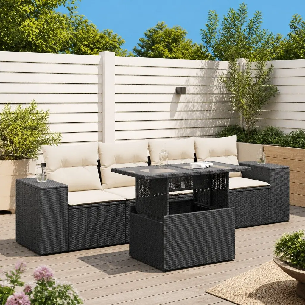 Outdoor Furniture Set Modular 5 Piece Black Poly Rattan Garden Sofa with Adjustable Table and Removable Cushions