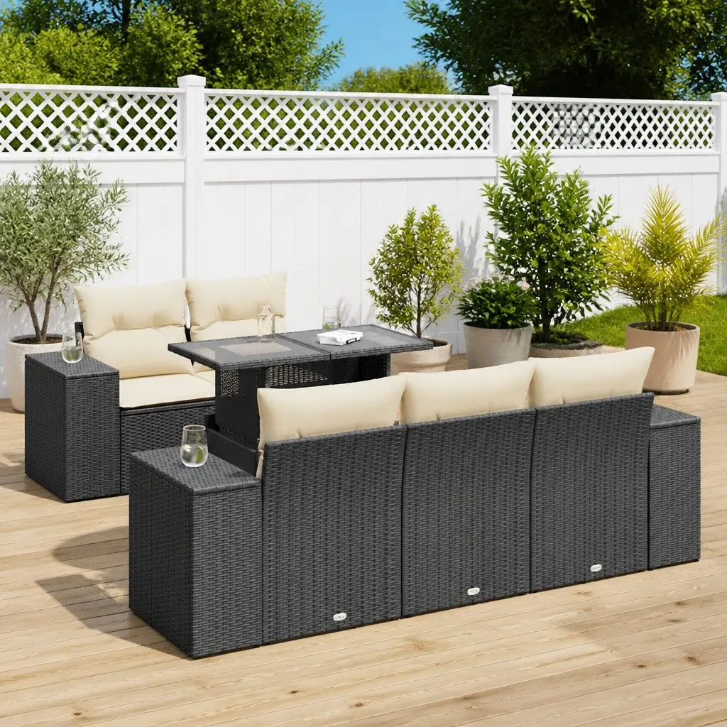 Modular Garden Sofa Set 6 Piece Black PE Rattan Outdoor Furniture with Adjustable Tabletop and Removable Cushion Covers