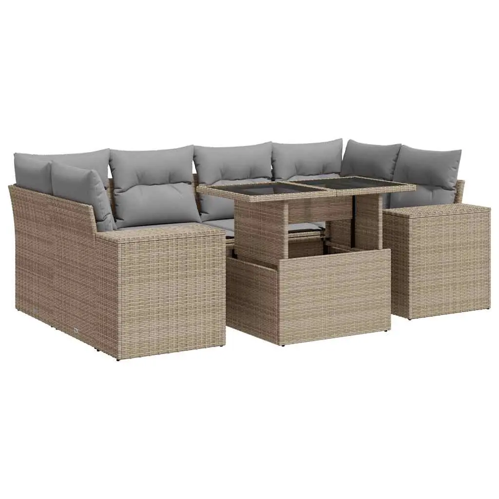 Garden Sofa Set 7 Piece Outdoor Furniture Patio Beige Poly Rattan with Cushions