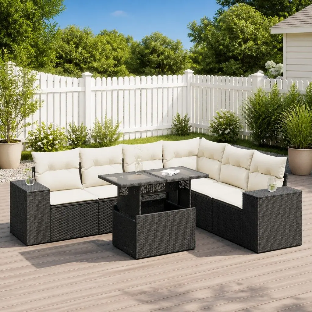 7 Piece Garden Sofa Set Outdoor Patio Furniture Black Poly Rattan with Cushions