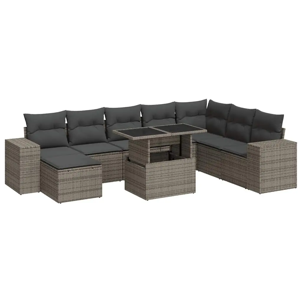 9 Piece Outdoor Garden Sofa Set Grey Poly Rattan Patio Furniture with Storage