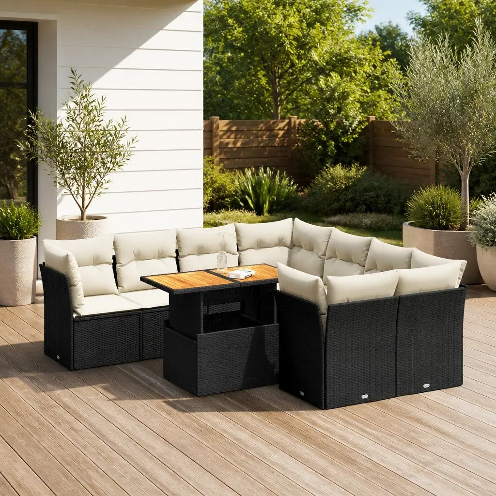 Garden Sofa Set 9 Piece Outdoor Furniture Patio Rattan Black with Cushions