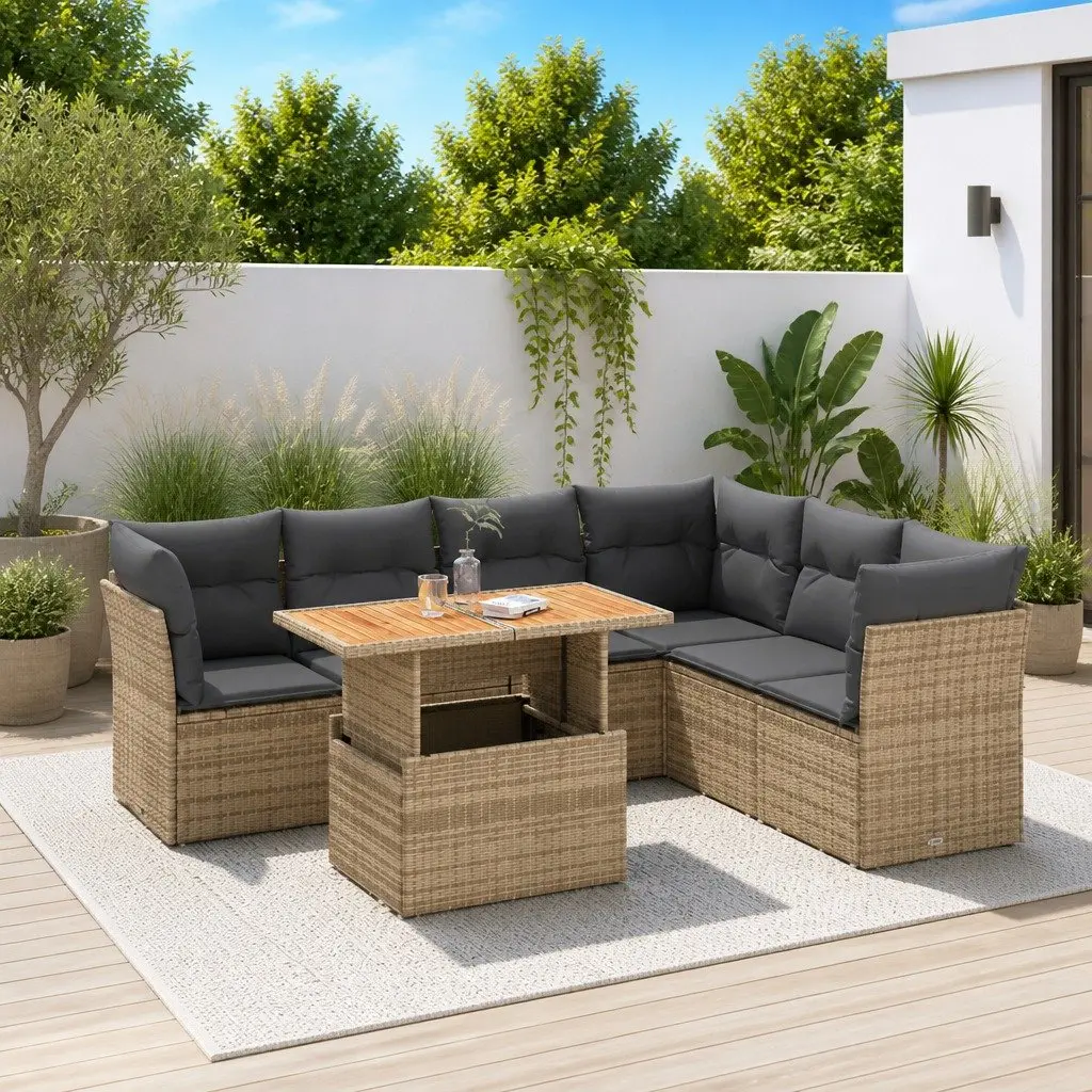 7 Piece Outdoor Garden Sofa Set Poly Rattan Patio Furniture Beige with Cushions