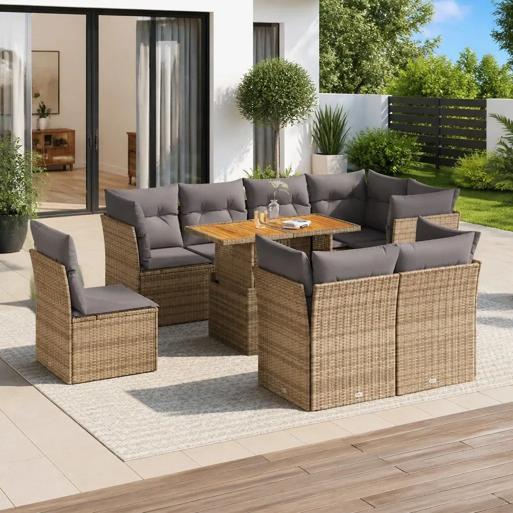 9 Piece Modular Outdoor Garden Sofa Set Beige PE Poly Rattan Patio Furniture