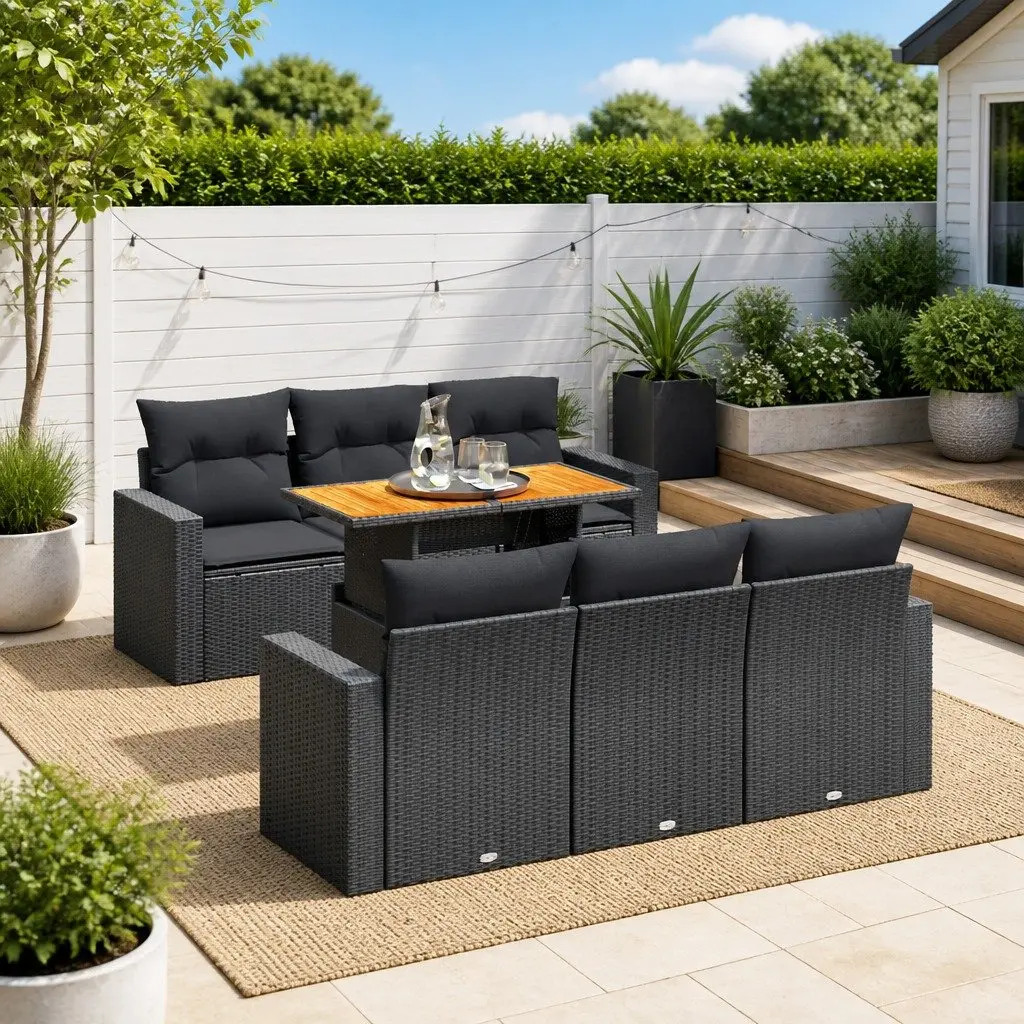 Garden Sofa Set 7 Piece Outdoor Furniture Black Poly Rattan Patio Lounge with