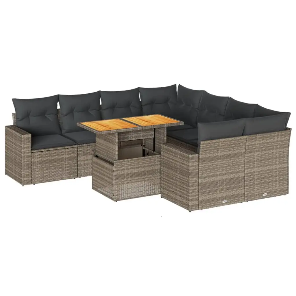 Modular Outdoor Sofa Set 9 Piece Grey Poly Rattan Patio Furniture with Adjustable Tabletop and Storage Compartment