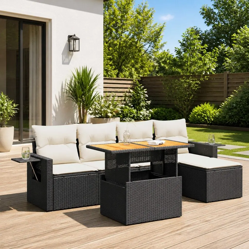 Garden Sofa Set 6 Piece Outdoor Furniture Black Poly Rattan Modular Patio