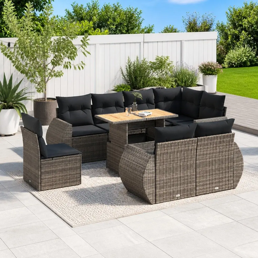 Garden Sofa Set 9 Piece Outdoor Furniture Grey Poly Rattan Patio with Cushions
