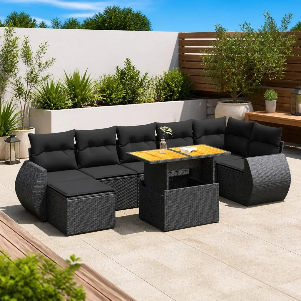Garden Sofa Set Modular Sectional 8 Piece Black PE Rattan Outdoor Furniture