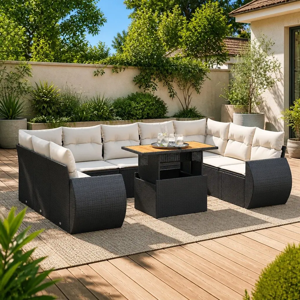 Garden Sofa Set 10 Piece Outdoor Furniture Patio Rattan Black with Cushions