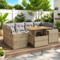 Garden Sofa Set 7 Piece Outdoor Furniture Patio Beige Poly Rattan Modular