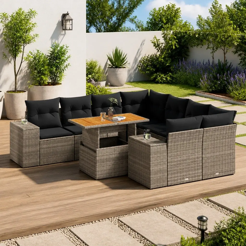 Modular Patio Sofa Set 9 Piece Grey PE Rattan Outdoor Furniture