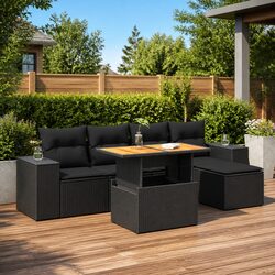 6 Piece Garden Sofa Set with Cushions Black Outdoor Furniture Patio Rattan
