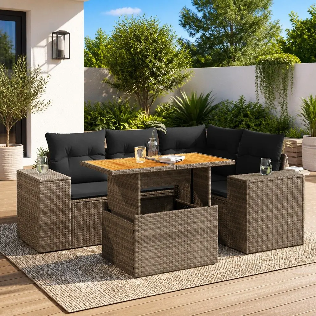 Garden Sofa Set 5 Piece Outdoor Furniture Grey Poly Rattan Patio with Cushions