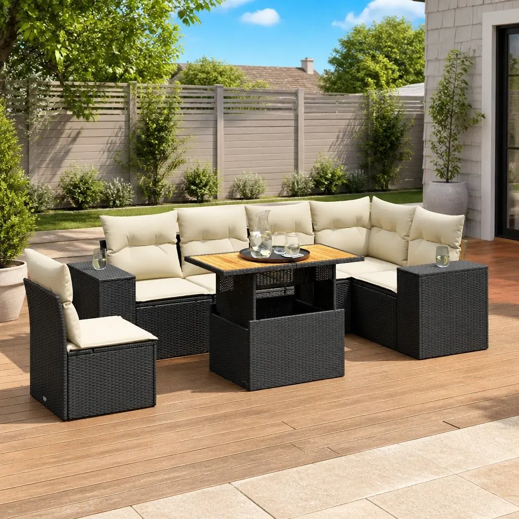 7 Piece Modular Outdoor Furniture Set Black PE Rattan Garden Sofa with Adjustable Table and Storage Compartment