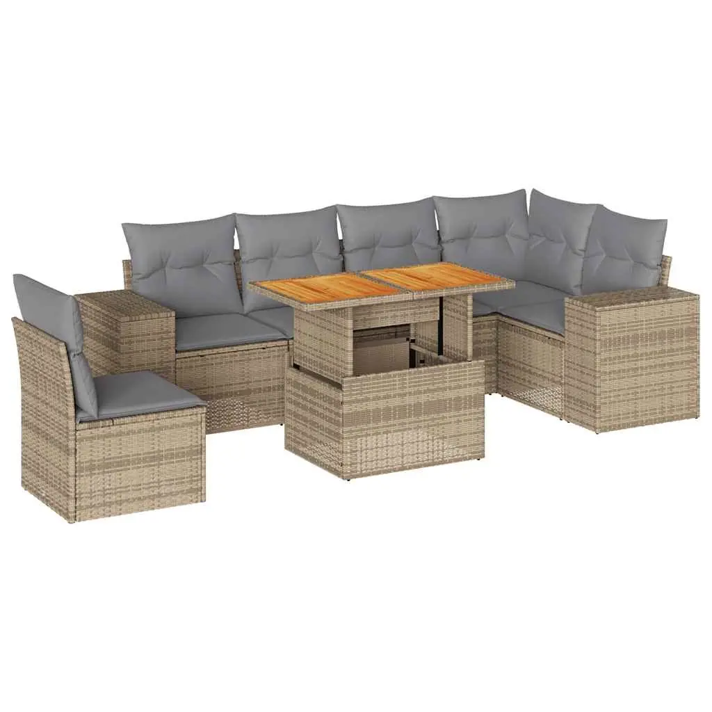 Outdoor Garden Sofa Set 7 Piece Beige Poly Rattan Patio Furniture with Cushions