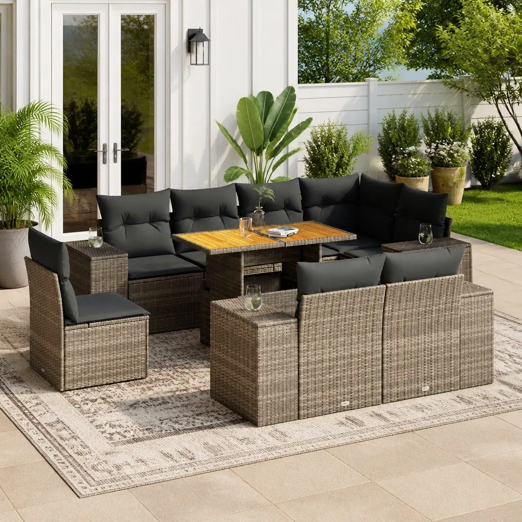 Modular Garden Sofa Set 9 Piece Grey Poly Rattan Outdoor Lounge Furniture