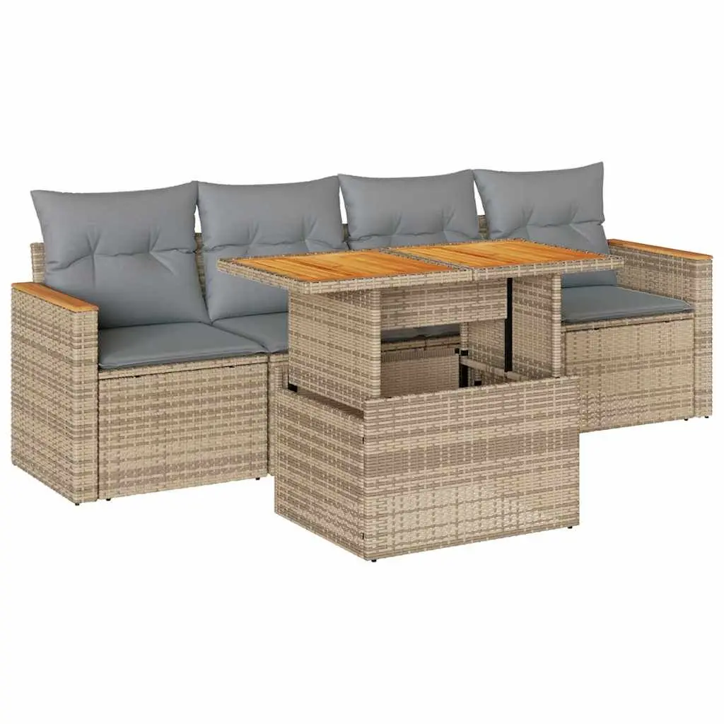 Garden Sofa Set 5 Piece Outdoor Furniture Beige Poly Rattan Modular Patio