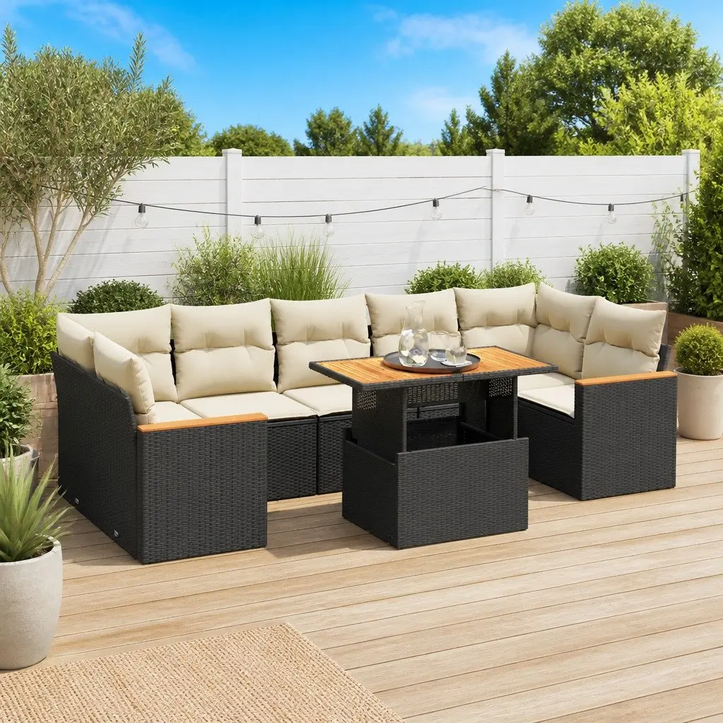 7 Piece Garden Sofa Set Black PE Rattan Modular Outdoor Furniture with Storage