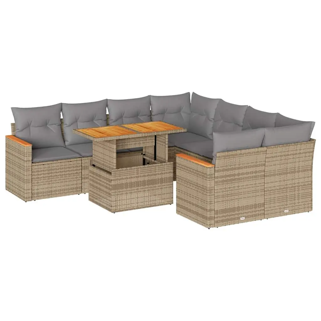 Garden Sofa Set 9 Piece Outdoor Furniture Beige Poly Rattan with Cushions