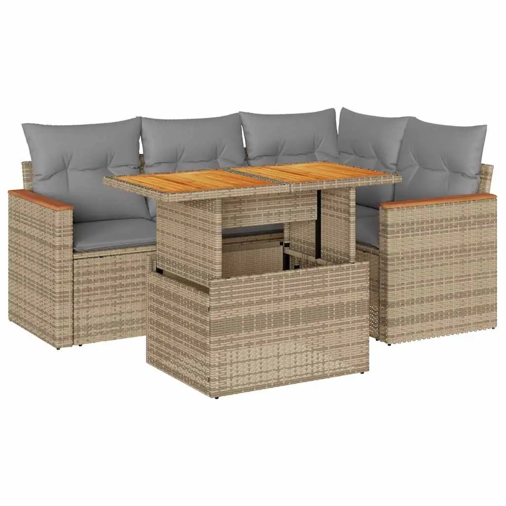 Garden Sofa Set 5 Piece Outdoor Furniture Beige Poly Rattan Modular with