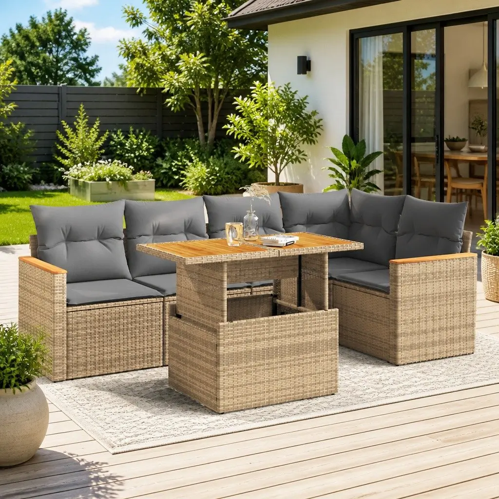 Garden Sofa Set 5 Piece Outdoor Furniture Beige Rattan Patio Lounge Seating