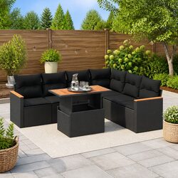 7 Piece Outdoor Garden Sofa Set Black Poly Rattan Patio Furniture with Cushions