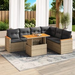 Garden Sofa Set 7 Piece Outdoor Furniture Beige Poly Rattan Patio Lounge Chair