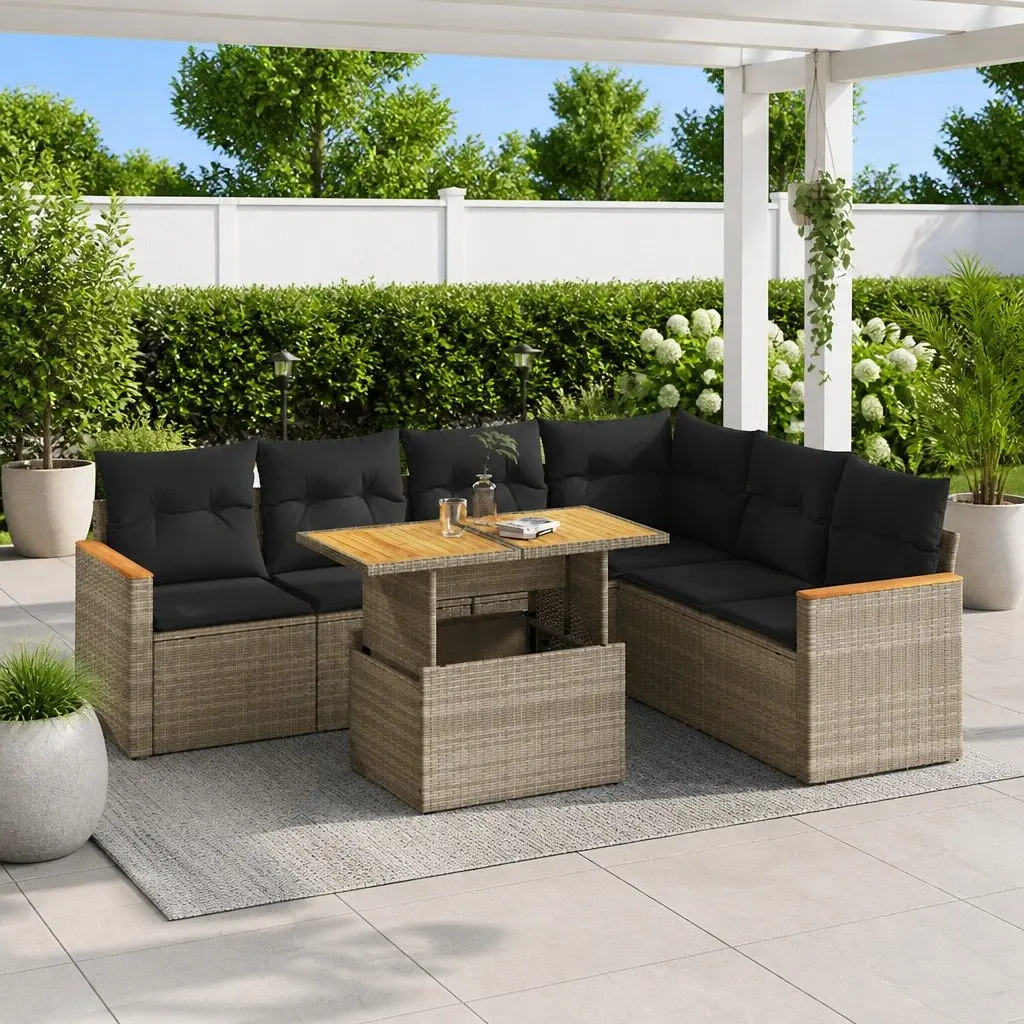 Modular Grey Rattan 7 Piece Outdoor Sofa Set with Storage and Removable Cushions