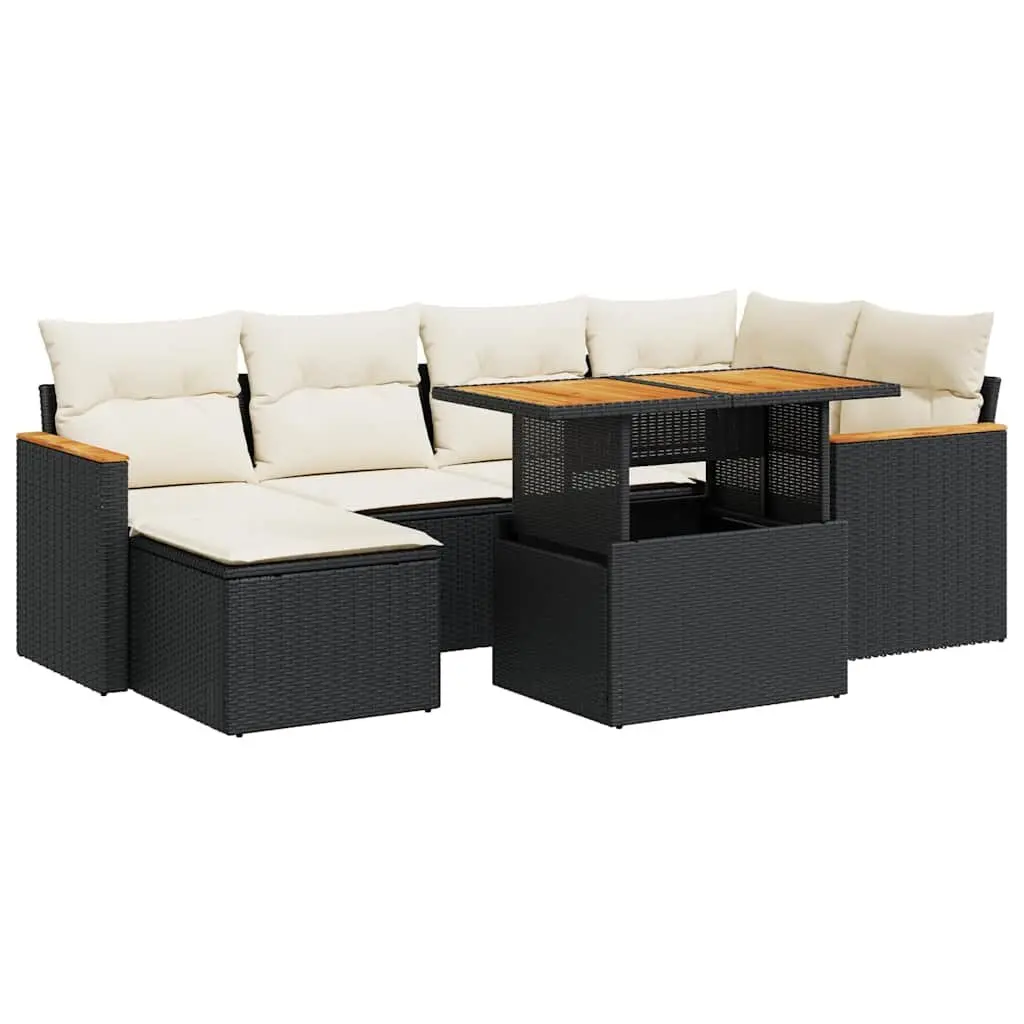 7 Piece Outdoor Garden Sofa Set with Storage Cushions Black Poly Rattan Patio