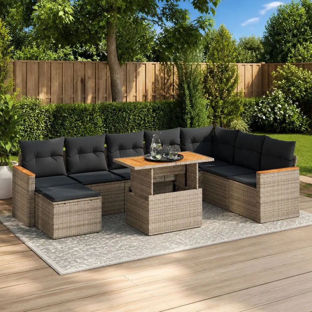 Garden Sofa Set 9 Piece Grey Poly Rattan with Cushions and Storage