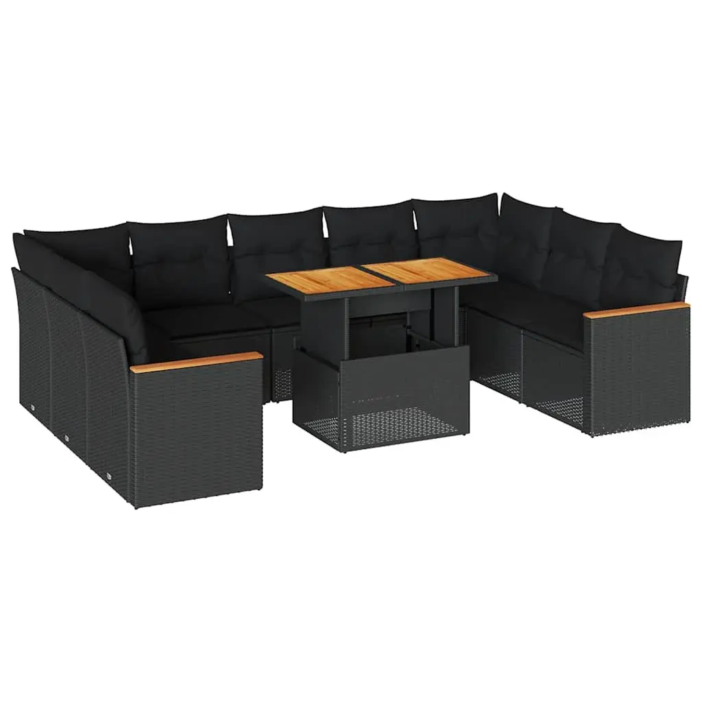 Outdoor Furniture Set Modular Black Poly Rattan 10 Piece with Cushions