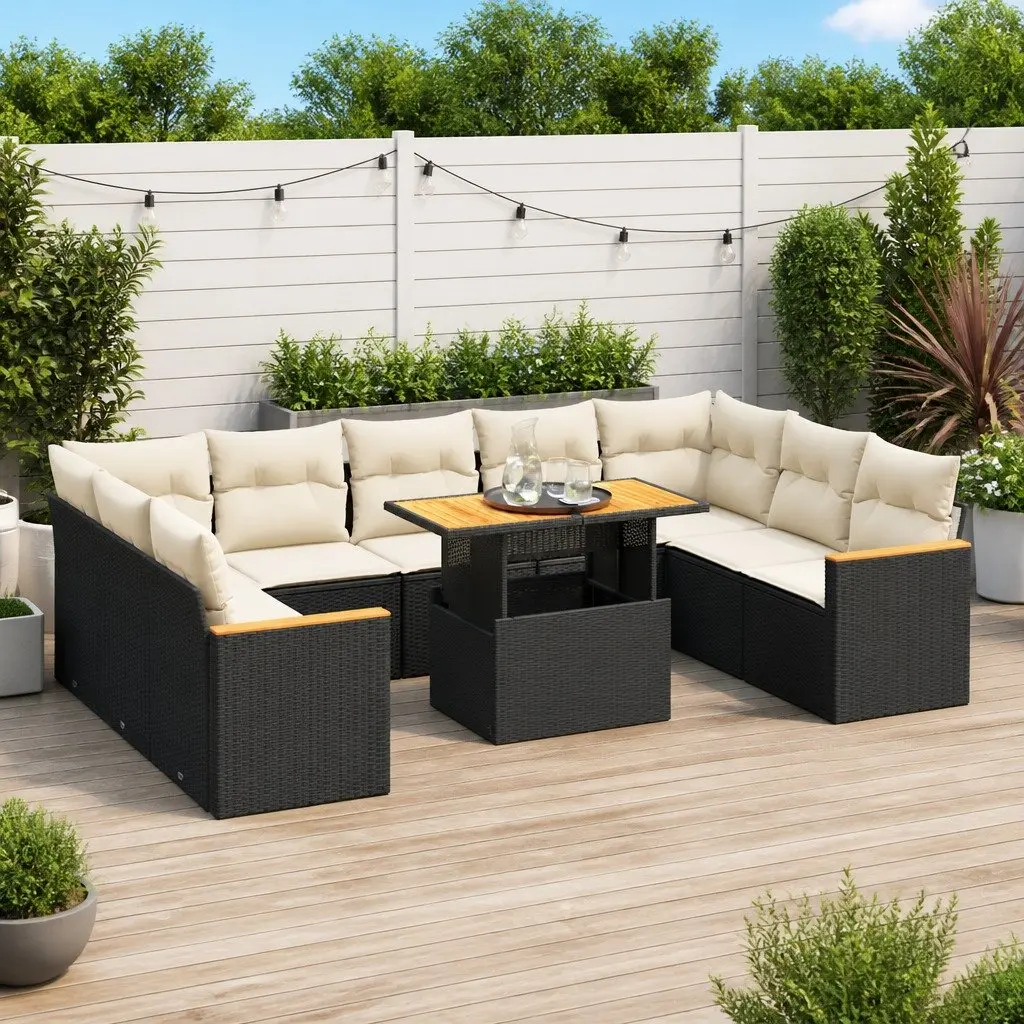 Garden Sofa Set 10 Piece Outdoor Furniture Black Poly Rattan with Cushions